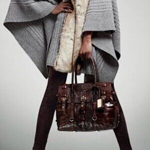 🎁NWT Badgley Mischka Dark Brown Embossed Leather Flap Tote Handbag Satchel